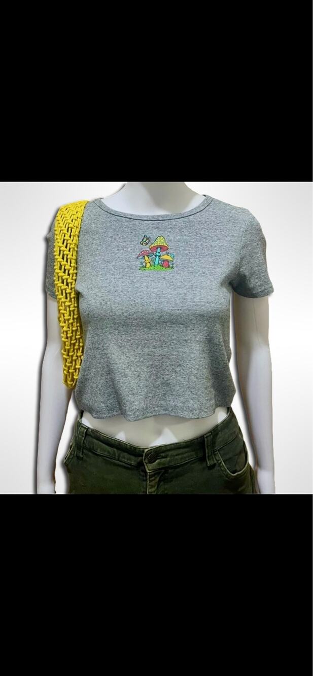 Obsessive Love Gray Ribbed Mushroom Crop Top Short Sleeve Baby Tee Y2K